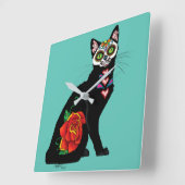 Sugar Skull Black Cat Quadratische Wanduhr (Winkel)
