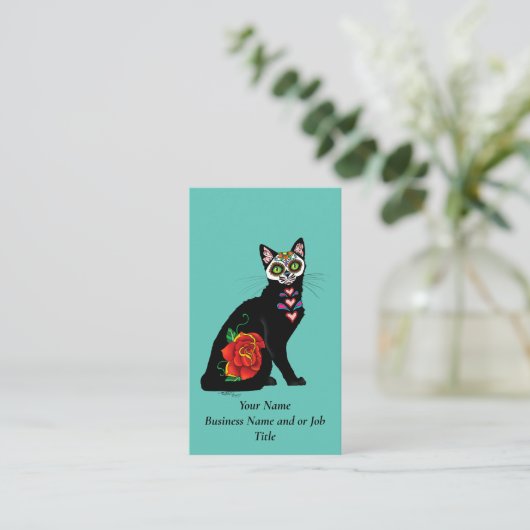 Sugar Skull Black Cat Visitenkarte (Stehend Vorderseite)