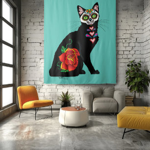 Sugar Skull Black Cat Wandteppich