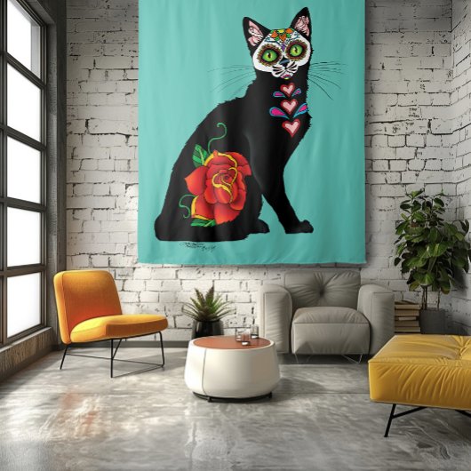 Sugar Skull Black Cat Wandteppich