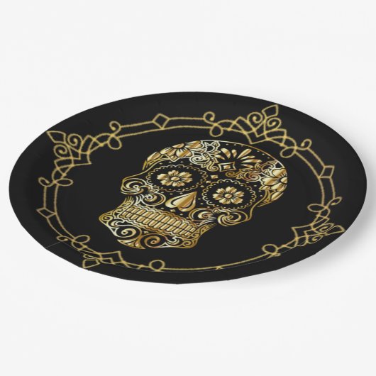 Sugar Skull Black und Gold Luncheon Pappteller (Schrägansicht)
