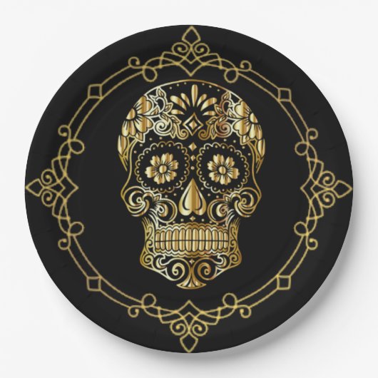 Sugar Skull Black und Gold Luncheon Pappteller (Vorderseite)