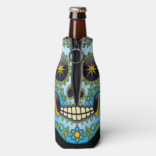 Sugar Skull Blue Floral Flaschenkühler (Flasche Rückseite)