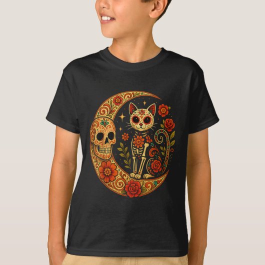 Sugar Skull Cat Moon Dia De Los Muertos Funny Hall T-Shirt (Vorderseite)