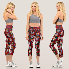 Sugar Skull Cinco de Mayo Red Floral Kaleidoskop Capri Leggings