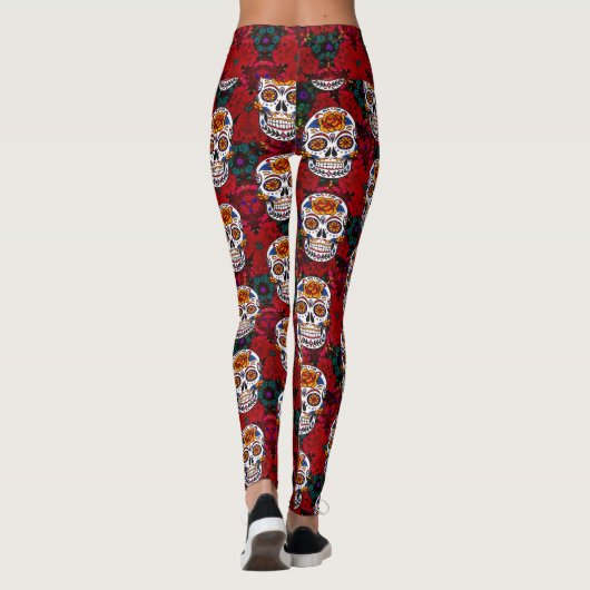 Sugar Skull Cinco de Mayo Red Floral Leggings (Rückseite)