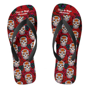 Sugar Skull Cinco de Mayo Red Floral Name Badesandalen