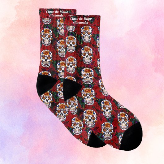Sugar Skull Cinco de Mayo Red Floral Name Socken