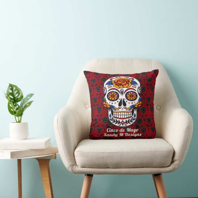 Sugar Skull Cinco de Mayo Rote Blume Name Kissen (Stuhl )