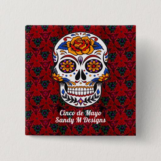 Sugar Skull Cinco de Mayo Rote Flora Button (Vorderseite)