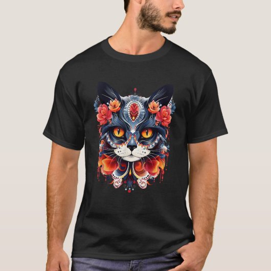 Sugar Skull Cool Cat Mexican Day of Dead Dia De Lo T-Shirt (Vorderseite)