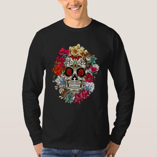 Sugar Skull Day Of Dead Dia De Los Muertos Flowers T-Shirt (Vorderseite)