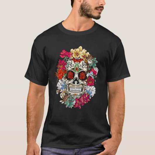 Sugar Skull Day Of Dead Dia De Los Muertos Flowers T-Shirt (Vorderseite)
