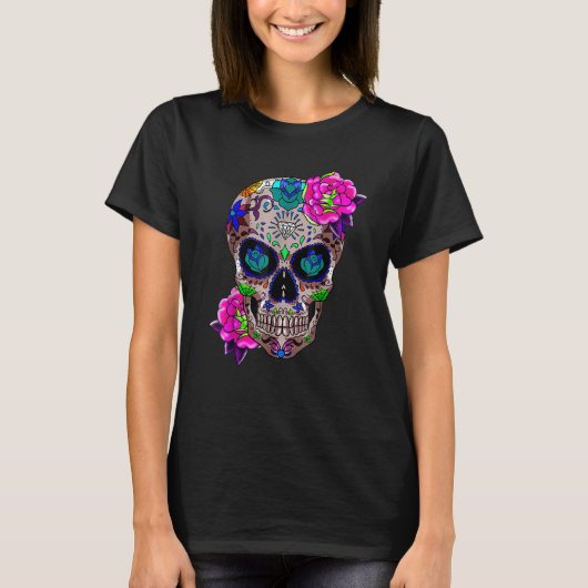Sugar Skull Day Of The Dead Cool Bone Head Skulls T-Shirt (Vorderseite)