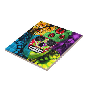 Sugar Skull Day of the Dead Floral Green Blue Fliese