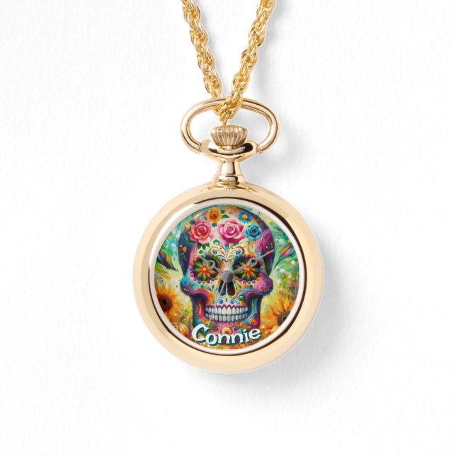 Sugar Skull Day of the Dead Floral Personalized Armbanduhr (Vorderseite)