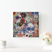 sugar skull day of the dead tattoo art clock quadratische wanduhr (Zuhause)