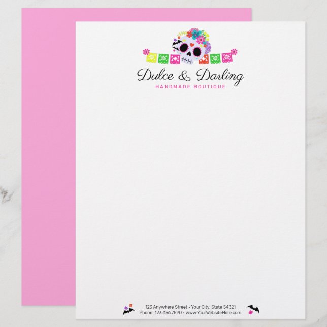 Sugar Skull Floral Calavera Papel Picado Boutique Briefbogen (Vorne/Hinten)