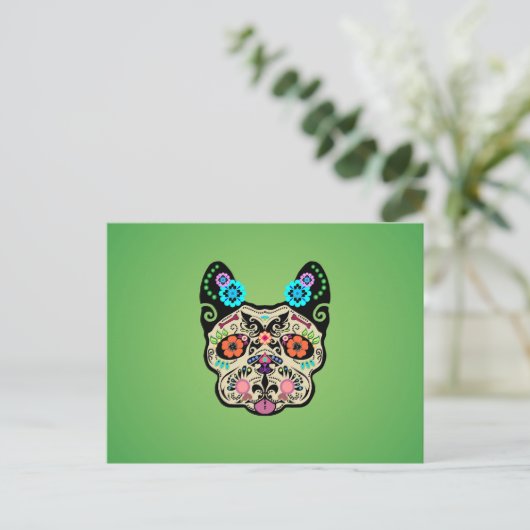 Sugar Skull Frenchie - Green Postkarte (Stehend Vorderseite)