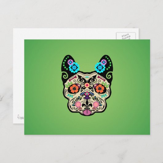 Sugar Skull Frenchie - Green Postkarte (Vorne/Hinten)