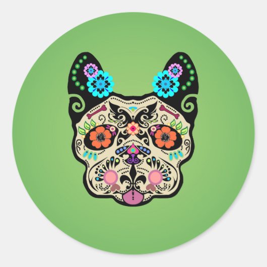 Sugar Skull Frenchie - Green Runder Aufkleber (Vorderseite)