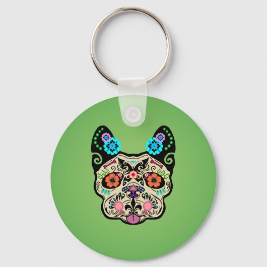 Sugar Skull Frenchie - Green Schlüsselanhänger (Vorderseite)