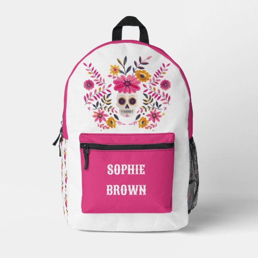 Sugar Skull Fuchsia Blume Individuelle Name Bedruckter Rucksack (Vorderseite)