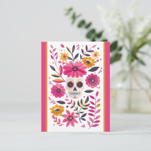 Sugar Skull Fuchsia Mexikanische Blume Cinco de Ma Postkarte (Stehend Vorderseite)