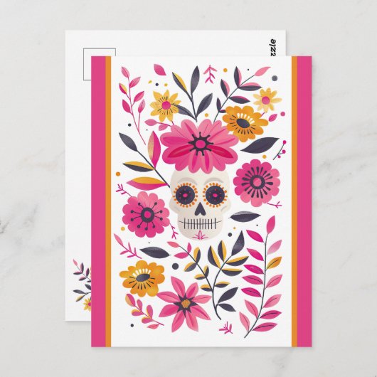 Sugar Skull Fuchsia Mexikanische Blume Cinco de Ma Postkarte (Vorne/Hinten)