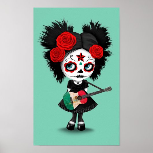 Sugar Skull Girl Playing Mexican Flag Guitar Poster (Vorne)