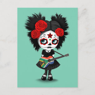Sugar Skull Girl Playing South African Flag Gitarr Postkarte