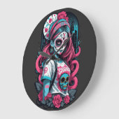 Sugar Skull Girl with Pink Highlights and Roses Große Wanduhr (Winkel)