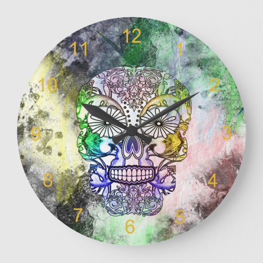 Sugar Skull Grunge Skeletal Large Clock Große Wanduhr (Vorderseite)