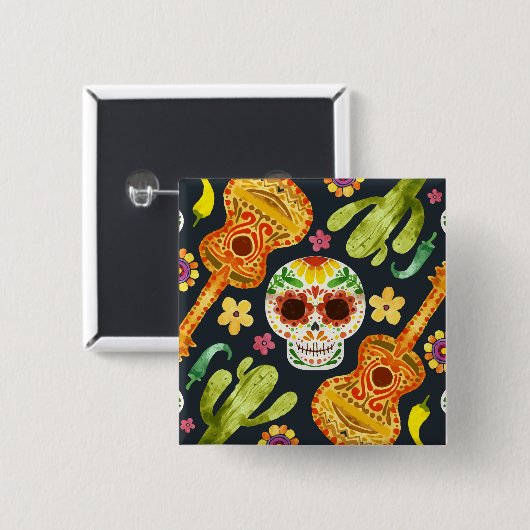 Sugar Skull & Guitars Dia de Muertos | Button (Vorne & Hinten)