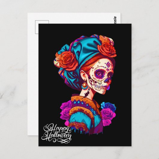 Sugar Skull Halloween, Dia de los Muertos Postkarte (Vorne/Hinten)