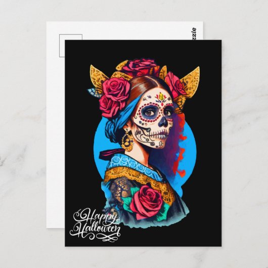 Sugar Skull Halloween, Dia de los Muertos Postkarte (Vorne/Hinten)