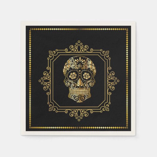 Sugar Skull in Black & Gold Cocktail Serviette (Vorderseite)