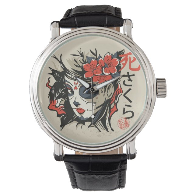 Sugar Skull Japanisch Art Watch Armbanduhr (Vorderseite)