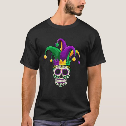 Sugar Skull Mardi Gras, Jester Costume Men Women T-Shirt (Vorderseite)