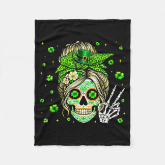 Sugar skull messy bun leopard shamrock st patricks fleecedecke