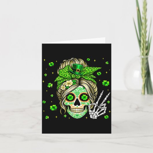 Sugar skull messy bun leopard shamrock st patricks karte (Vorderseite)