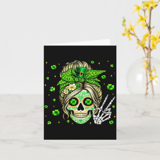 Sugar skull messy bun leopard shamrock st patricks karte (Gelbe Blume)