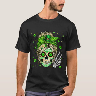 Sugar skull messy bun leopard shamrock st patricks T-Shirt