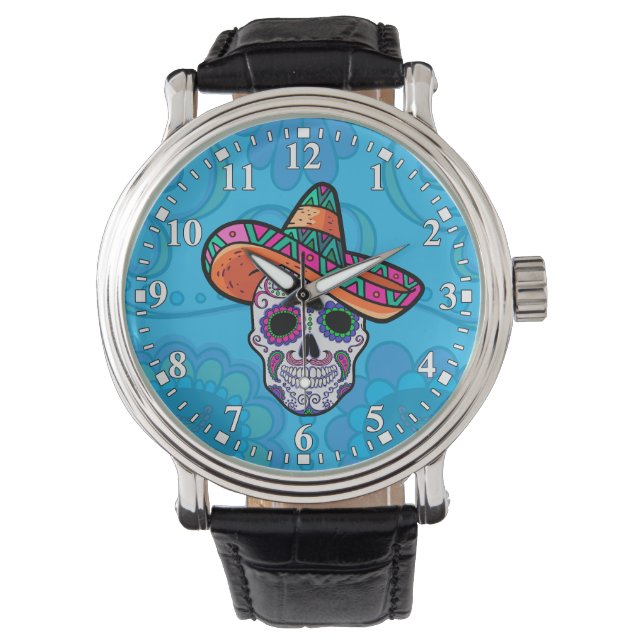 Sugar Skull Mexican Hat Watch Armbanduhr (Vorderseite)