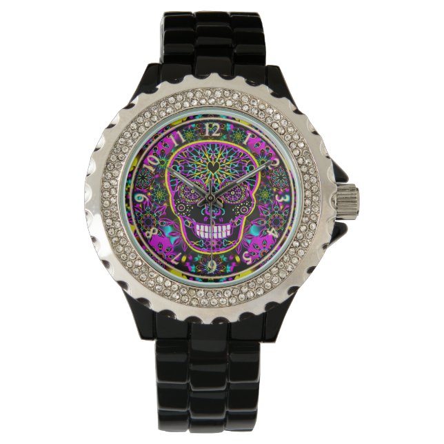 Sugar Skull Neon Pink Armbanduhr (Vorderseite)