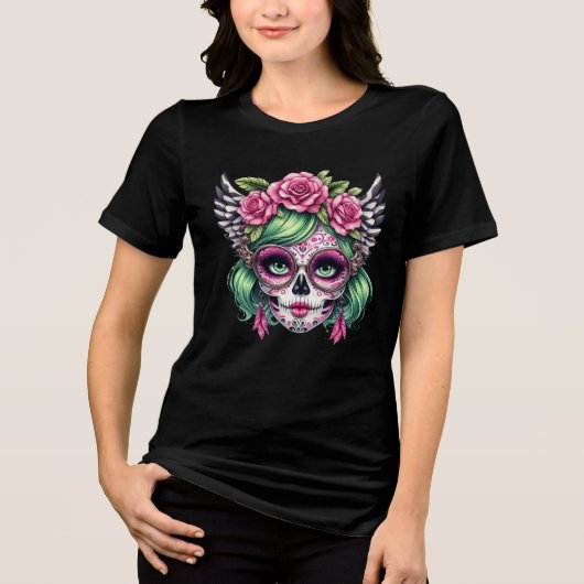 Sugar Skull Nerd Big Glasses Blumenkrone Tri-Blend Shirt (Vorderseite)