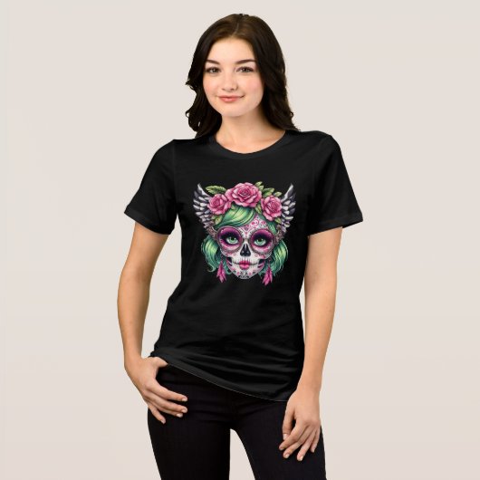 Sugar Skull Nerd Big Glasses Blumenkrone Tri-Blend Shirt (Vorderseite voll)