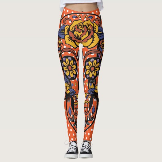 Sugar Skull Orange Lila Polka Dot Leggings (Vorderseite)
