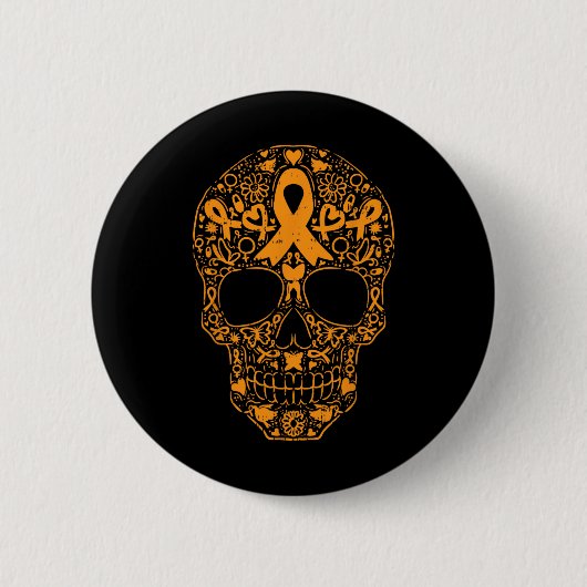 Sugar Skull Orange Ribbon Leukämie Krebsvorwarene Button (Vorderseite)