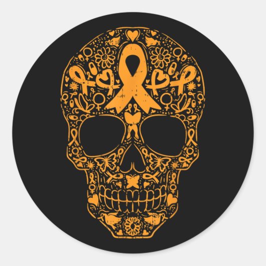 Sugar Skull Orange Ribbon Leukämie Krebsvorwarene Runder Aufkleber (Vorderseite)